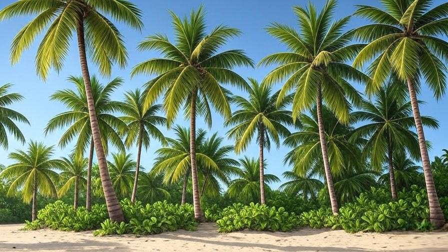 Variety of palm trees including Coconut, Date, Sago, and Queen Palms showcasing lifespan differences in a tropical beach setting
