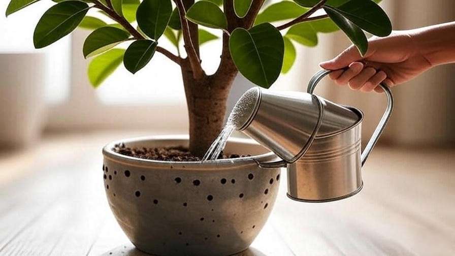"Hand watering a Ficus Audrey tree with well-draining soil in a pot with drainage holes".