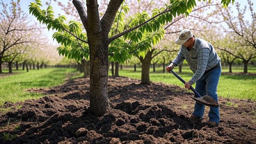 Gardener inspecting cherry tree roots with a shovel in a healthy orchard
