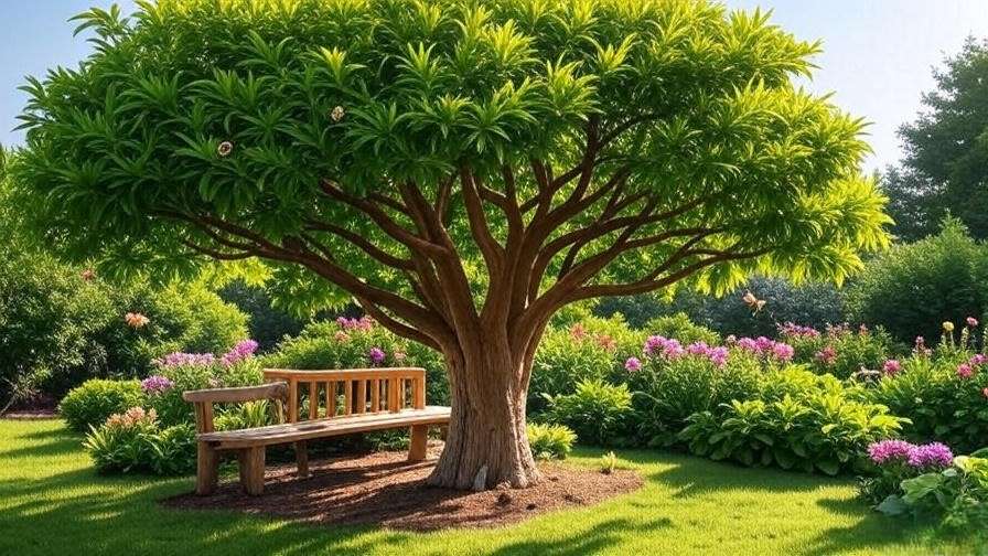 Mature Bulnesia tree with pollinators and wooden bench in a sunny garden."