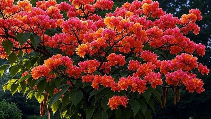 Catalpa tree in full bloom with flowers and seed pods in a shaded garden with bees."