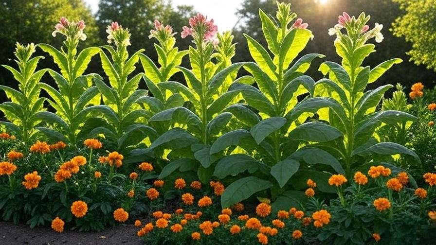 Garden bed with blooming tobacco trees and marigolds under sunlight.