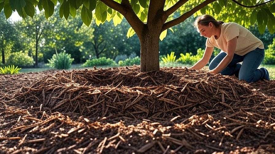 Gardener applying organic mulch around chestnut tree base".