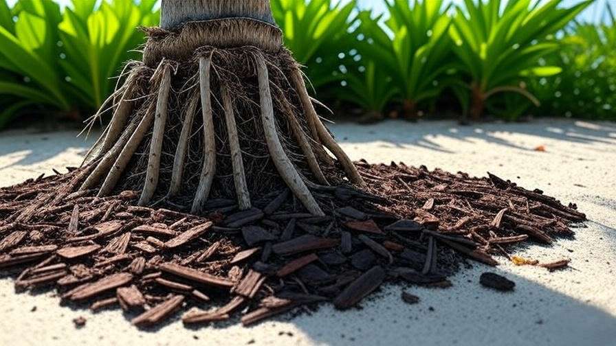 Close-up of palm tree roots with organic mulch in well-draining soil"