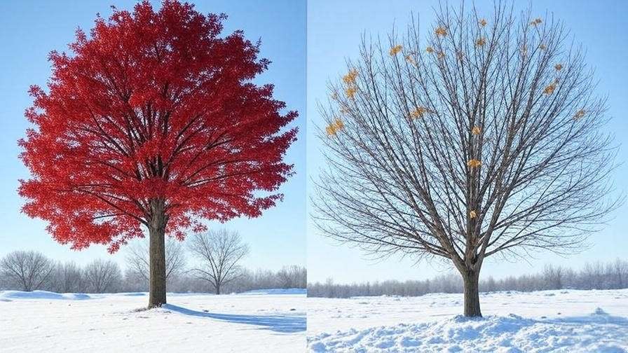"Comparison of well-pruned and poorly pruned maple trees in winter snow."