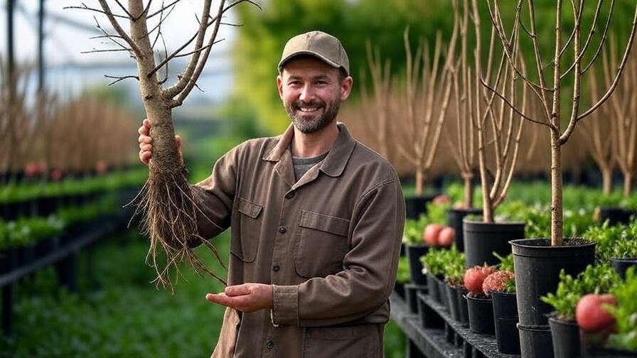 "Gardener holding a bare root tree with various species displayed in a nursery."