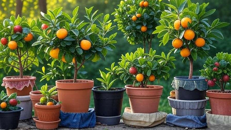 Close-up of potted fruit trees with ripe citrus, figs, and apples in various pots in a garden."