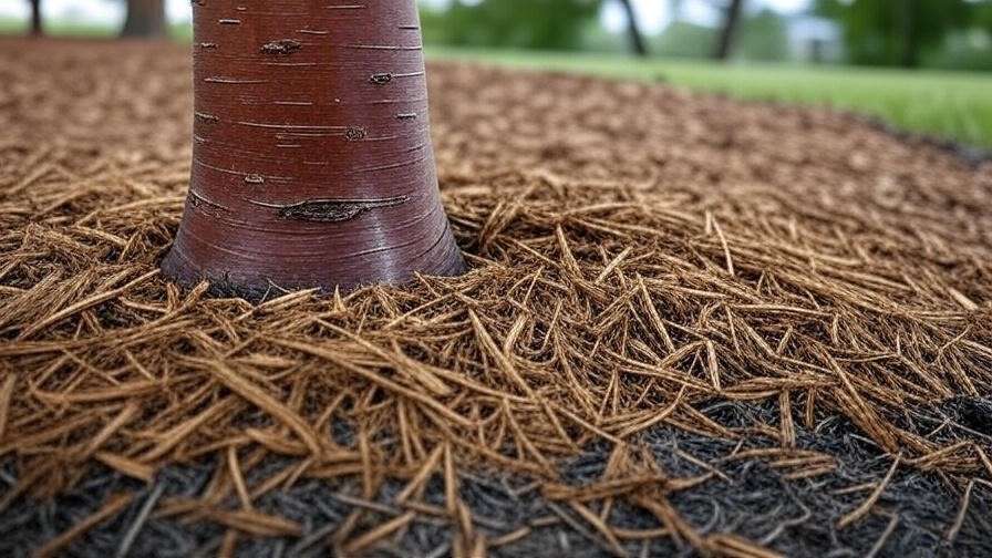 "Close-up of healthy cherry tree bark with organic mulch for protection