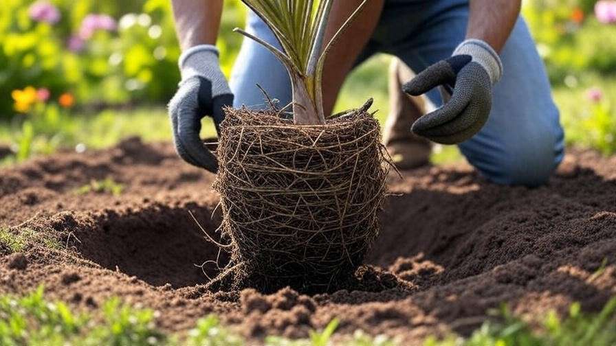 Step-by-step palm tree planting with amended soil and staking in a lush garden"