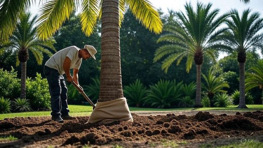 Landscaper transplanting a palm tree with wide root ball and burlap"