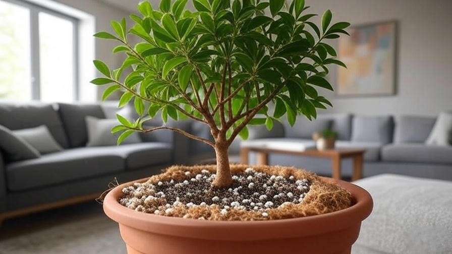 Ficus Audrey tree in a terracotta pot with potting soil, perlite, and coco coir in a cozy living room".