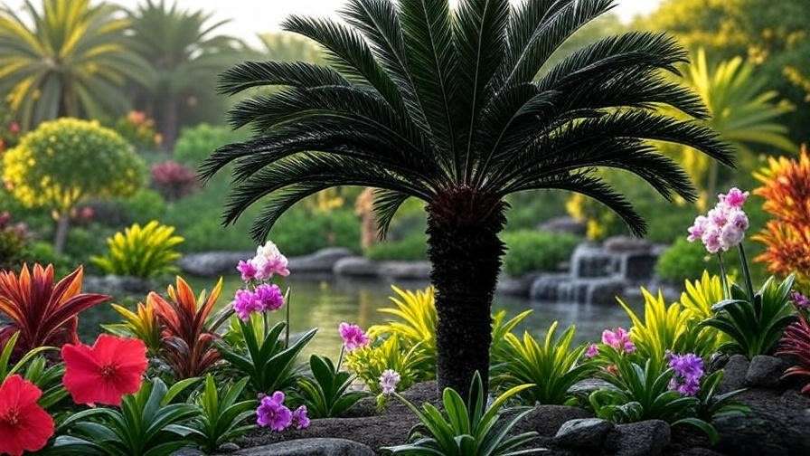 Black palm tree as a focal point in a landscaped garden with a water feature.