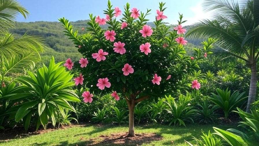 Single hibiscus tree with vibrant pink blooms thriving in a sunny tropical garden."