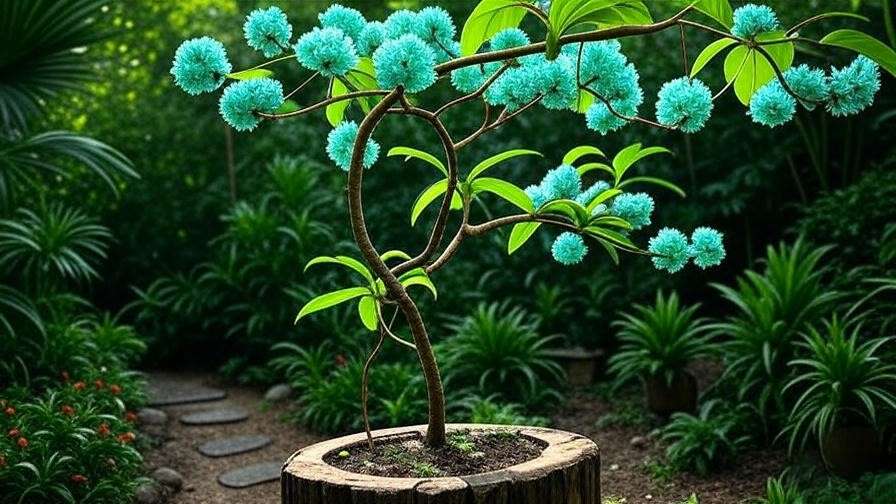 "Blue Jade Vine with turquoise flowers trained on a trellis in a shaded garden."