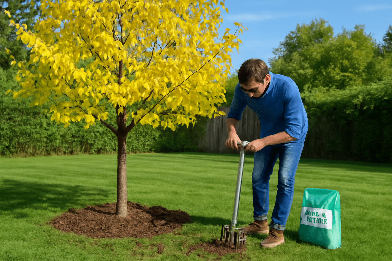 Troubleshooting yellowing leaves on a Cleveland Pear Tree with aeration and fertilizer."