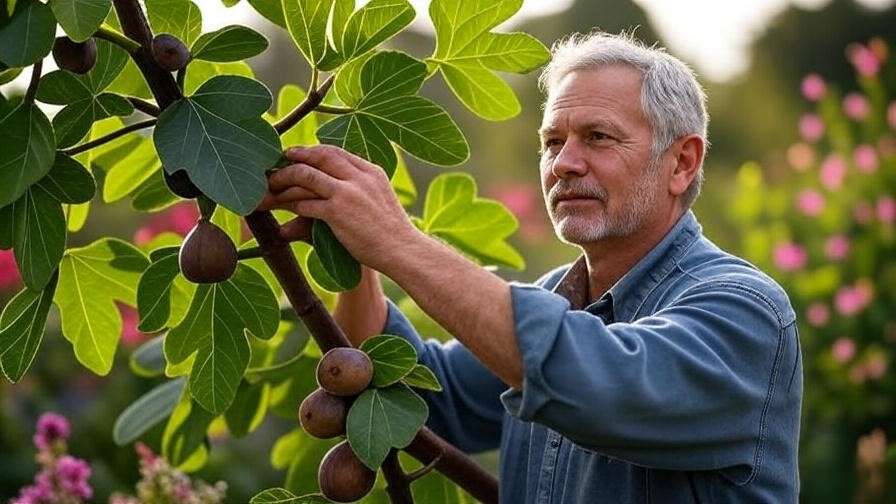 Gardener harvesting ripe brown figs from a healthy tree in a vibrant garden".