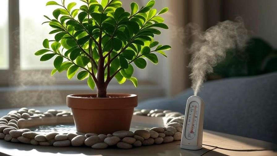 Money Tree with humidifier and pebble tray in a cozy indoor setting."