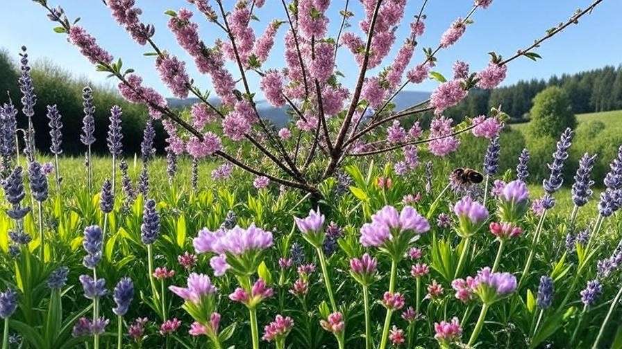 Cherry tree with bees pollinating among colorful flowers."