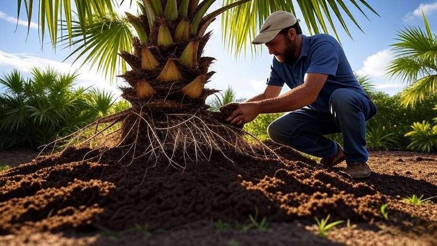 Applying nutrient-rich soil mix to boost palmetto tree root growth in coastal gardens."