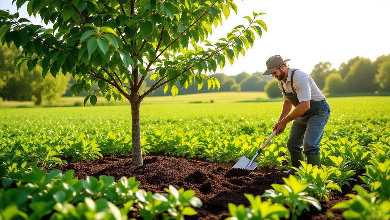 Cherry tree with cover crops and organic mulch in garden"
