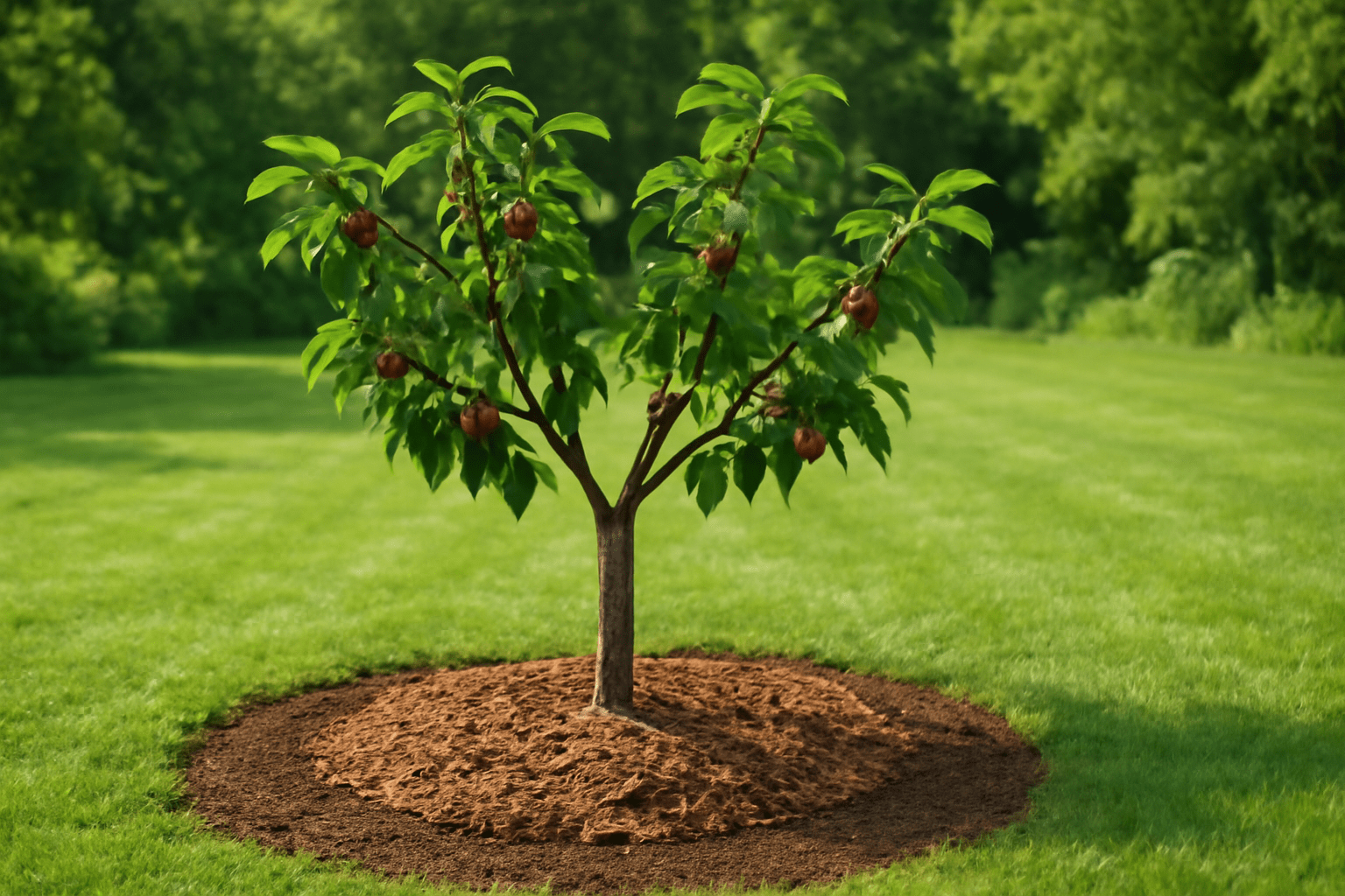 Well-maintained cherry tree with aerated soil and mulch for resilience