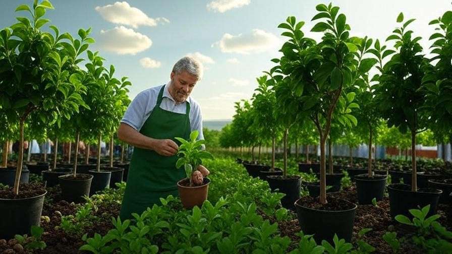 Nursery with young inoculated truffle trees and gardener inspecting seedlings."