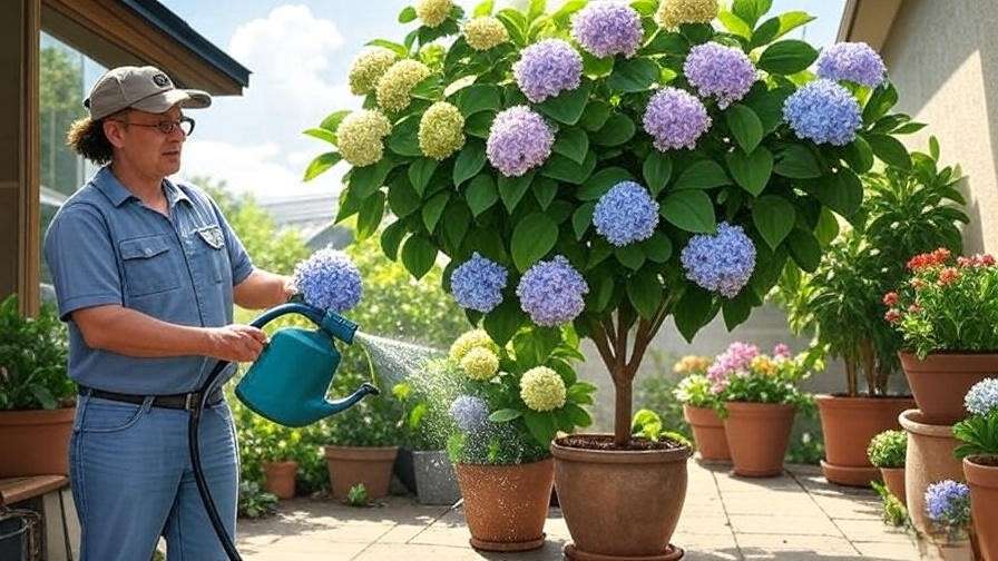 "Hydrangea tree in a pot being watered on a patio"