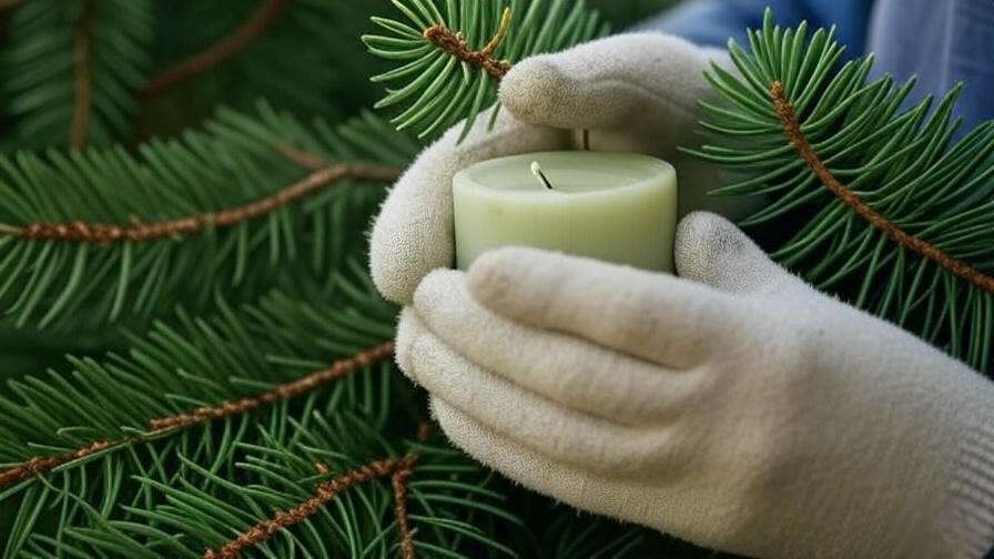 Close-up of a gardener pinching a pine tree candle during spring pruning, illustrating growth control techniques.