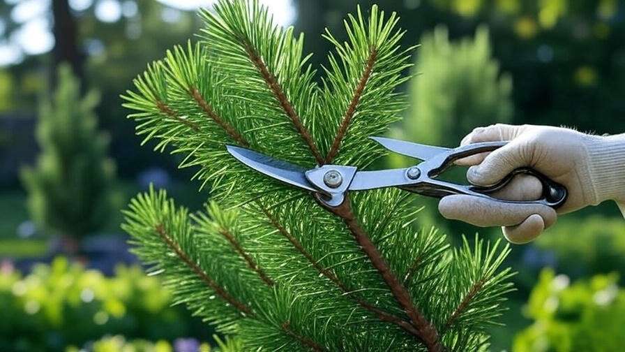 Close-up of candle pruning technique on a pine tree branch"
