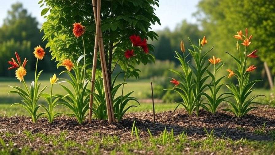 Tall tree lilies with vibrant blooms supported by bamboo stakes in a mulched garden."
