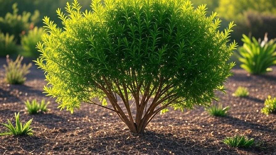 Pruning a willow myrtle tree with shears in a landscaped garden.