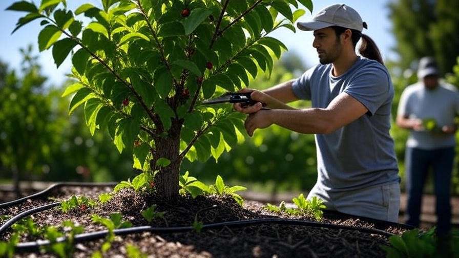 Gardener pruning, watering, and mulching a berries tree for healthy growth in a sunny garden."