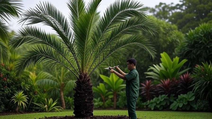 Black palm tree with pruned fronds and a gardener using shears in a tropical garden.