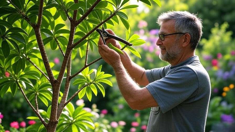 Gardener pruning a Bulnesia tree with shears, showcasing healthy foliage and clean cuts."