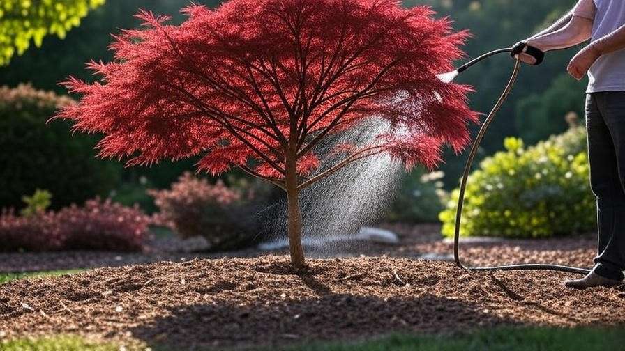 Healthy Japanese maple tree after pruning with gardener watering and mulch in a serene garden."