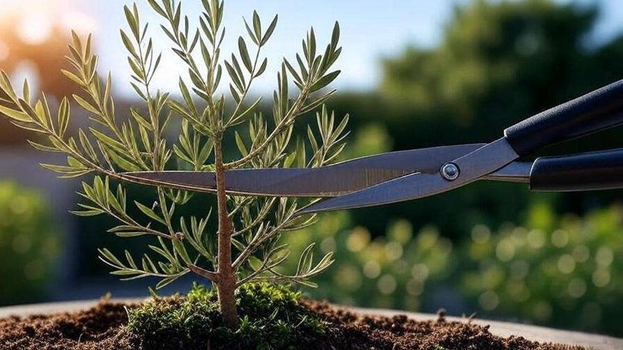 Gardening shears pruning a Little Ollie olive tree into a topiary shape"