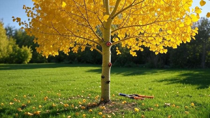 Swedish aspen tree with golden leaves and pruning shears on a grassy lawn".
