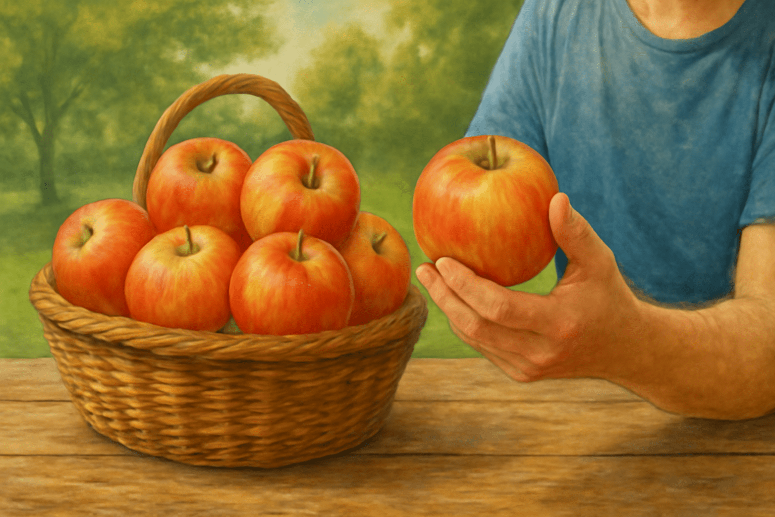 Basket of freshly harvested Honeycrisp apples on a rustic table with a garden background.