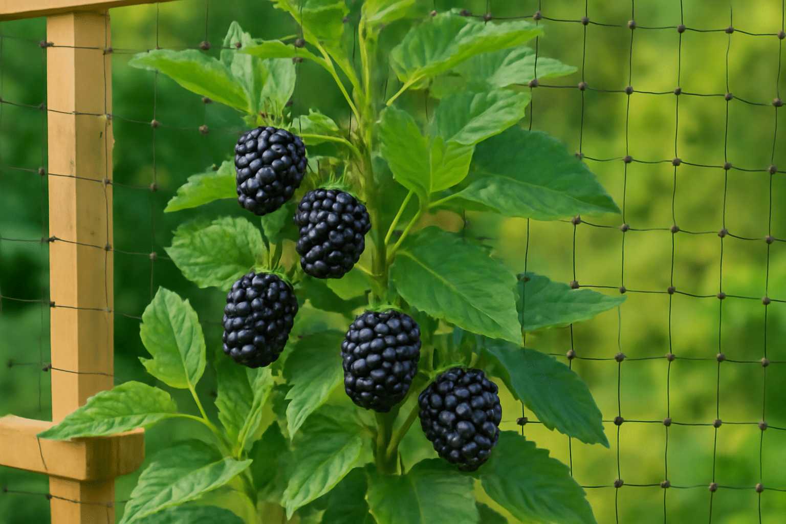 "Blackberry Ouachita tree with bird net protecting ripe berries in a sunny garden."
