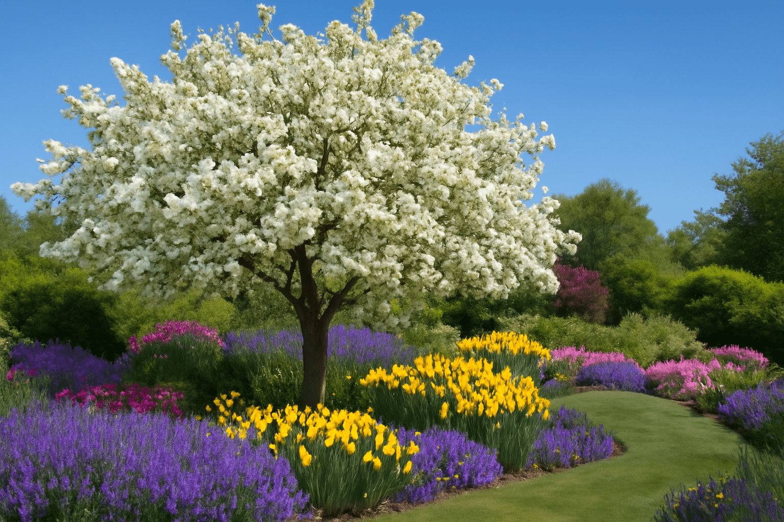 White-flowered tree in spring garden with lavender and daffodils, clear sky background".