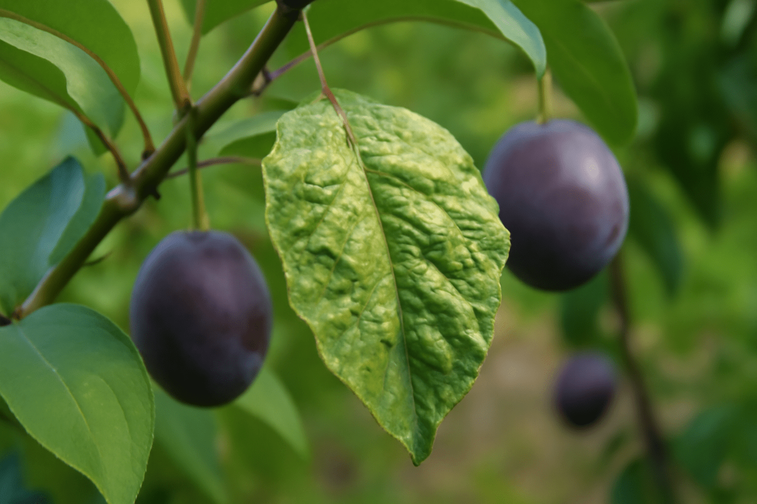 "Close-up of a fruit cocktail tree leaf with aphid damage and healthy plums