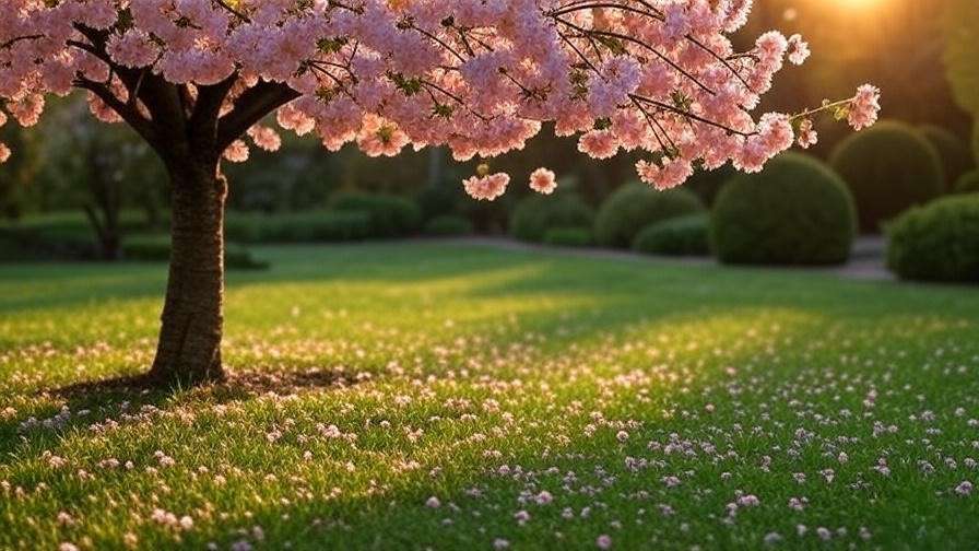 "Cherry blossom tree with pink petals falling in a lush garden during golden hour".