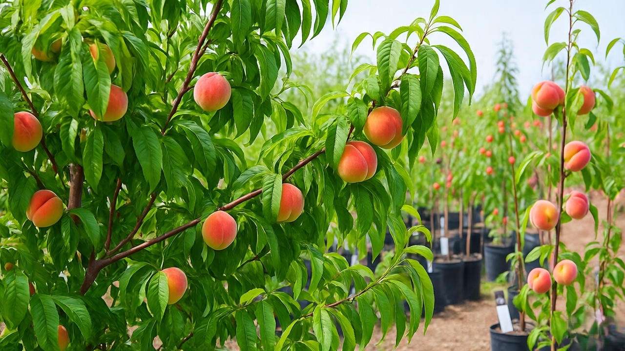 Gardener selecting a Redhaven peach tree sapling from a nursery with ripe peaches on tree"