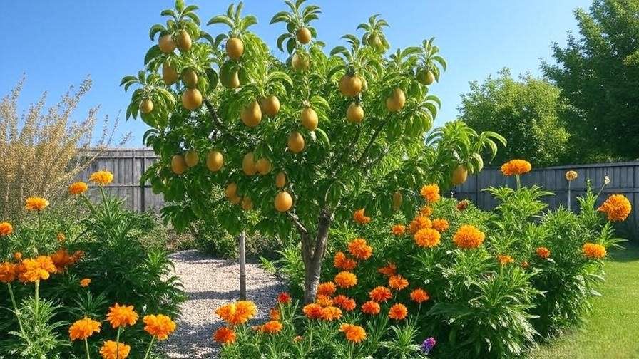 Healthy pear tree with disease-resistant varieties and marigold companion plants in a garden."
