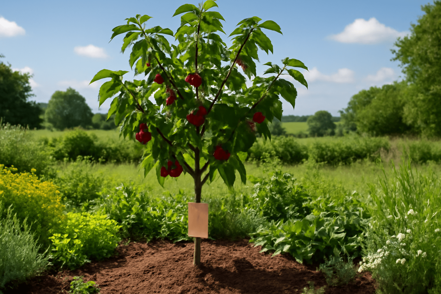 Healthy cherry tree with resistant rootstock in well-drained soil.