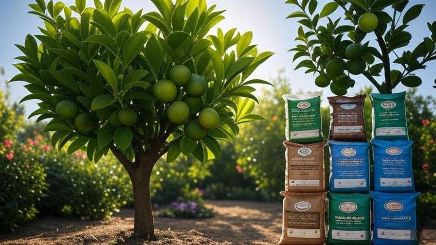 Display of top lime tree fertilizers next to a healthy lime tre