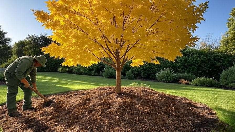 Yellow maple tree being planted with mulch in a sunny garden location"