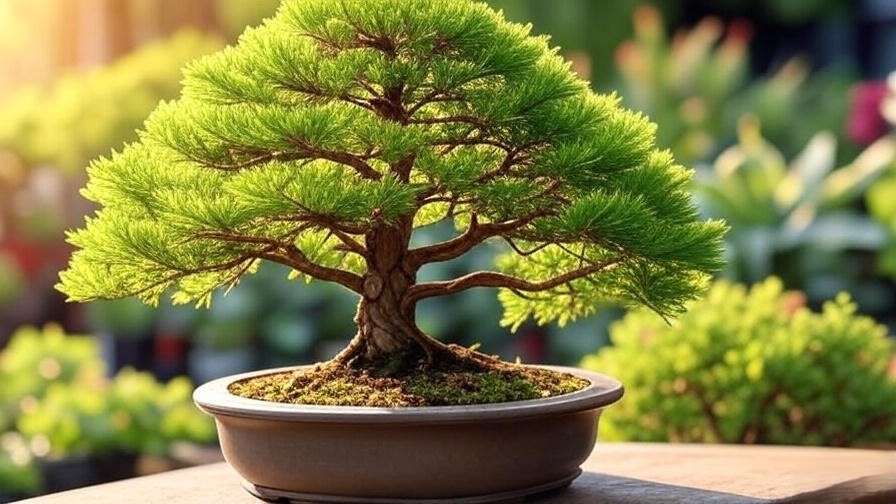 "Healthy bald cypress bonsai tree in a shallow pot at a nursery