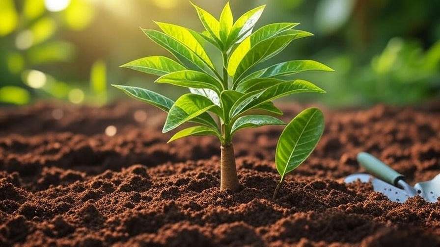Close-up of a healthy cinnamon tree sapling with glossy leaves and bark in a sunny garden".