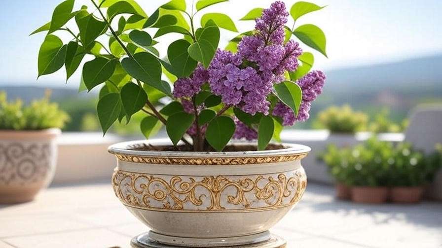 Close-up of a lilac mini tree in a decorative pot on a sunny pati